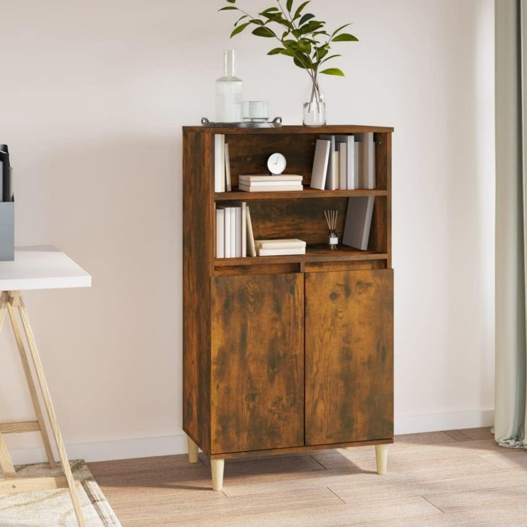 Hochschrank aus Holzwerkstoff in Eichenbraun mit den Massen 60 x 36 x 110 cm